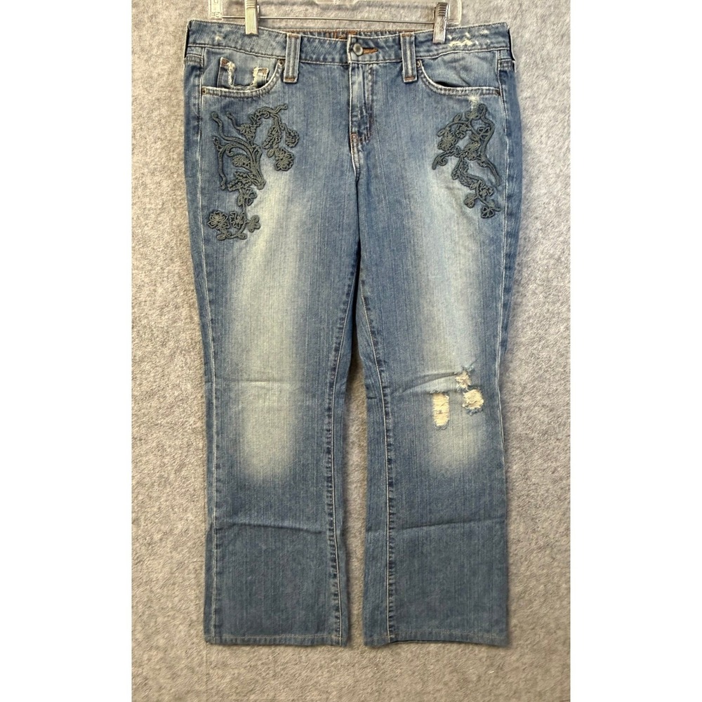 Hippie Womens Blue Embroidered Distressed Straight Leg Jeans Medium Wash Size 11